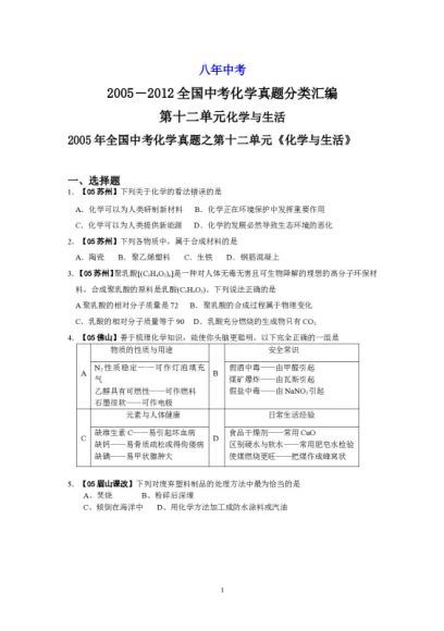 试卷化学：中考多年中考题分类汇编及答案（31份） (242.26M)